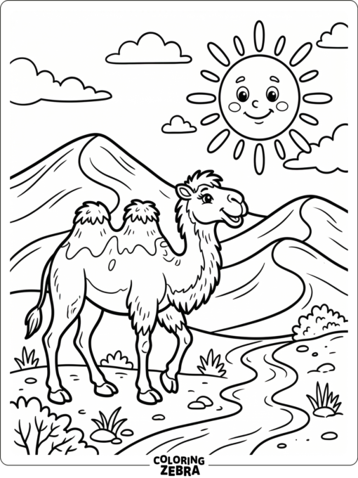 A camel in the desert with dunes and a sun