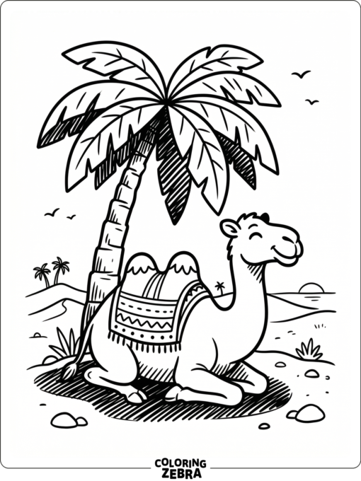 A camel rests under a palm tree on shaded sand