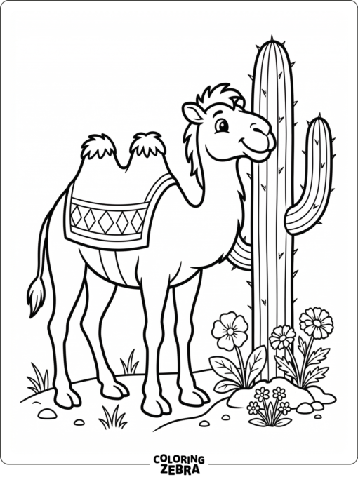 A camel stands beside a cactus and a few desert flowers