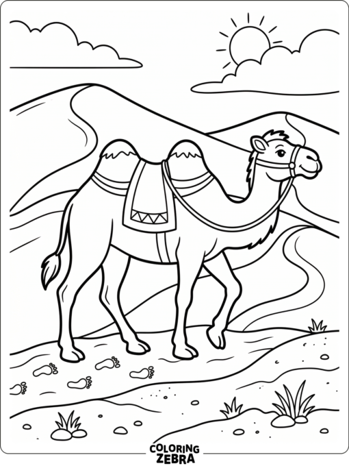 A camel walks across dunes leaving footprints in the sand