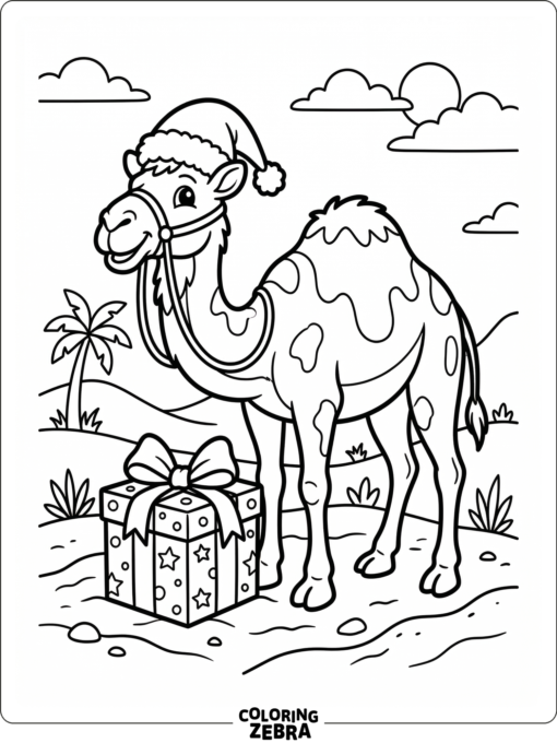 A camel in a Santa hat stands by a gift on sandy ground