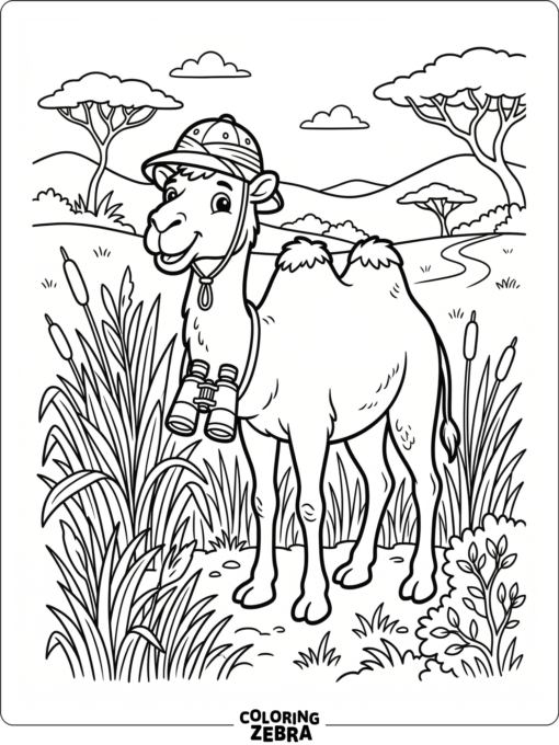 A camel in safari gear standing near tall grass