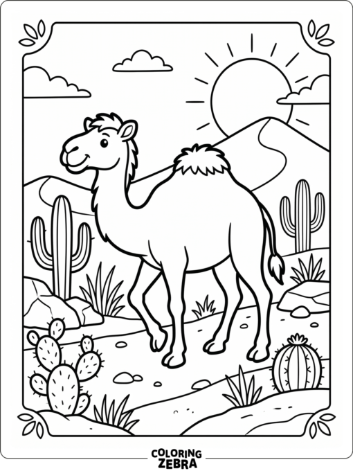 A camel stands with desert plants and open space around it