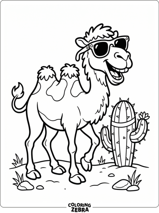A funny camel wearing sunglasses beside a cactus