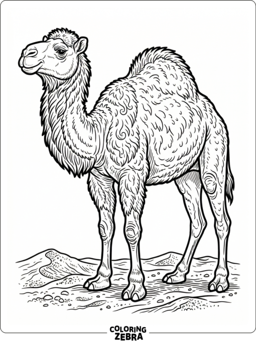 A realistic camel with textured fur standing in the desert