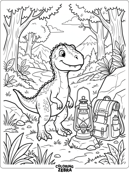 A young dinosaur beside a lantern and backpack