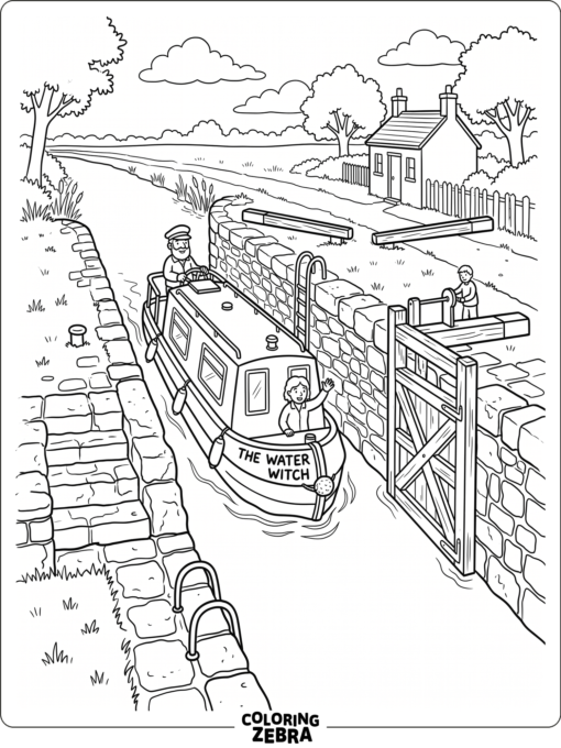 A canal boat near a narrow lock gate