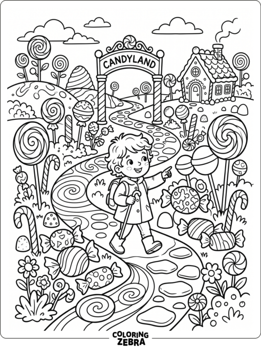 A child walking along a candy path with lollipops and sweets