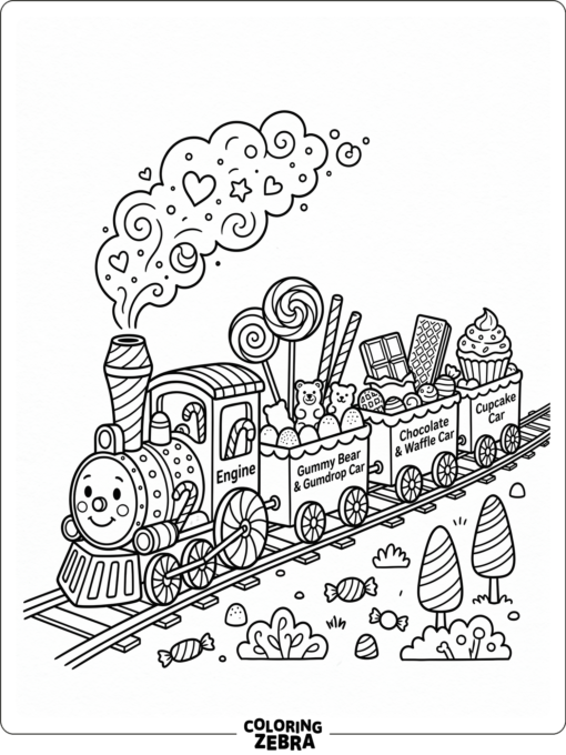 A candy train with striped wheels and sweet cars