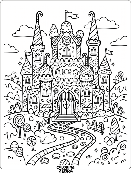A Candyland castle with towers and candy windows
