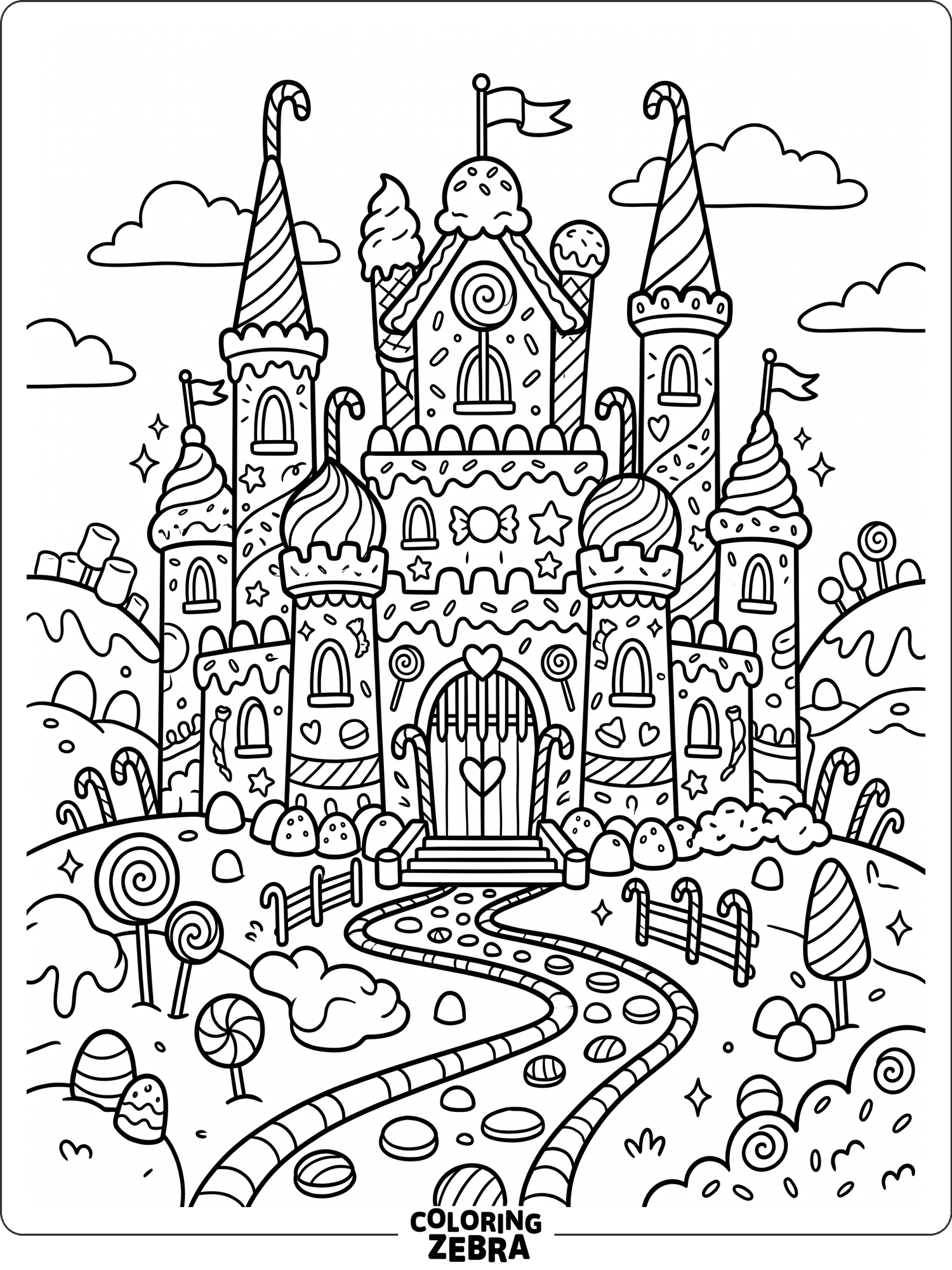 A Candyland castle with towers and candy windows