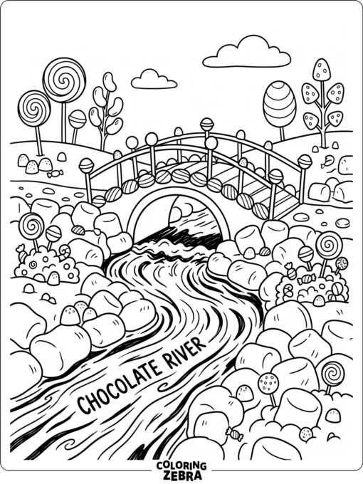A chocolate river flowing under a candy bridge