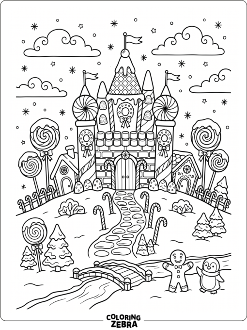 A Candyland castle decorated for Christmas with snow