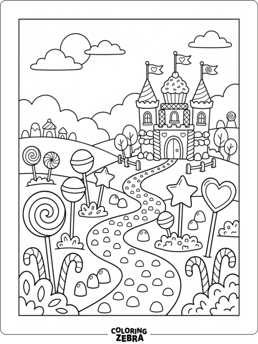 A whimsical candyland scene with a winding path, lollipops, and a castle