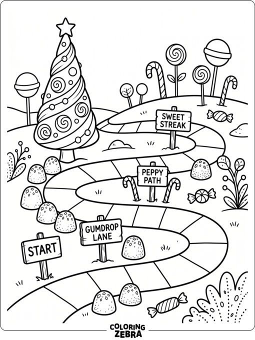 A Candyland board path with candy signs and gumdrops