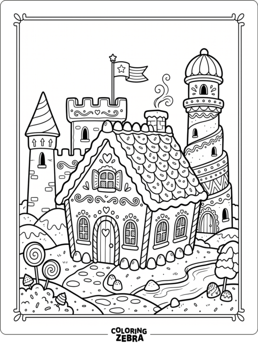 A cookie kingdom with a gingerbread house and cookie towers