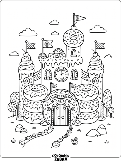A donut castle with frosting towers and a candy gate