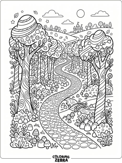 Striped trees and gumdrops line a magical candy forest trail