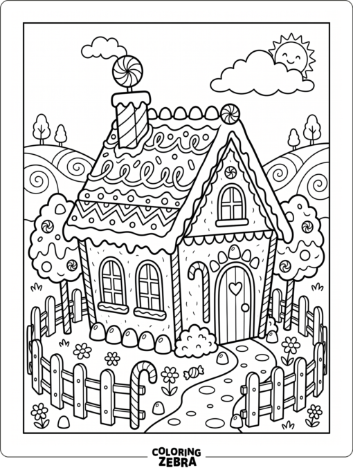 A Candyland gingerbread house with frosting roof and candy windows