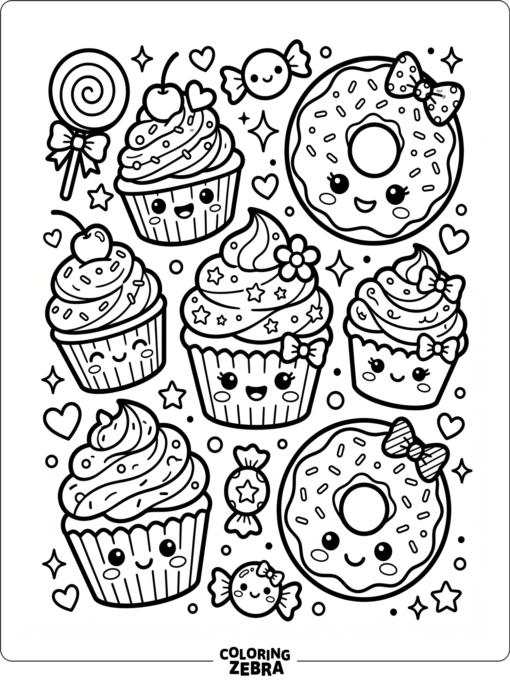 Cute smiling sweets with bows, cupcakes, and donuts