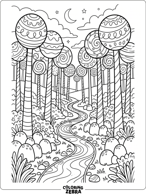 A lollipop forest with striped trunks and gumdrop bushes