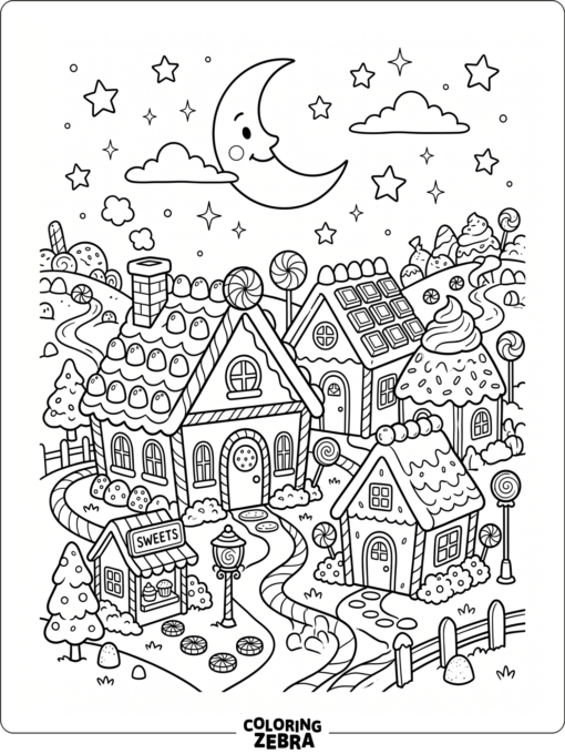 A magical sweets village with candy houses, stars, and a moon