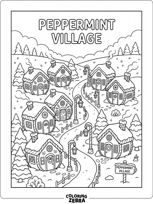 A peppermint village with round houses and candy lampposts