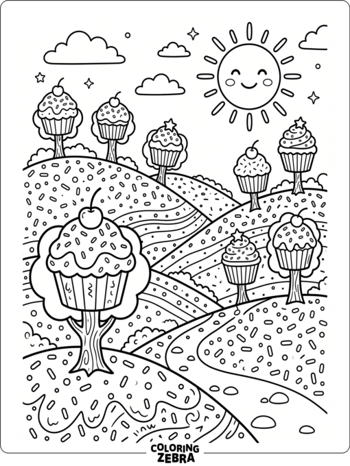 Sprinkle-covered hills and cupcake trees under a sunny sky