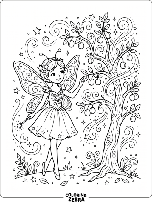 A sugar plum fairy standing by a plum tree with stars