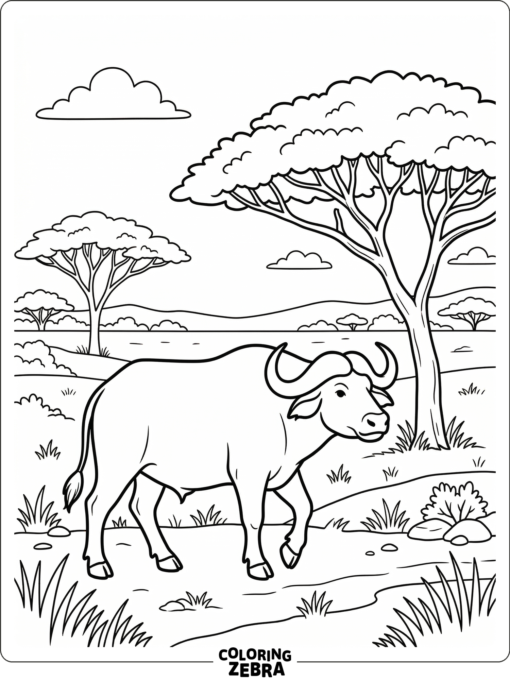 A cape buffalo near acacia trees with a simple savanna horizon