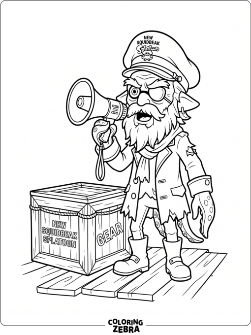 Captain Cuttlefish with a megaphone and crate