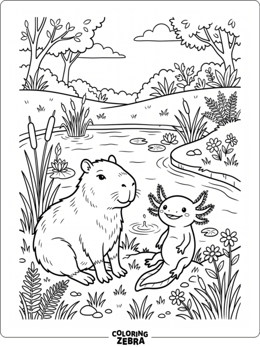A capybara and axolotl sitting by a pond