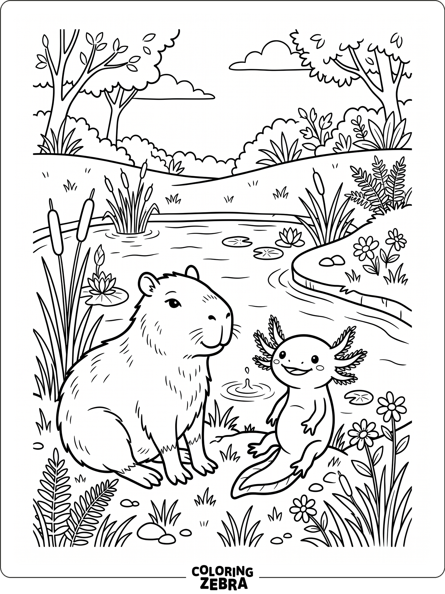 An axolotl swims among bubbles and small water plants