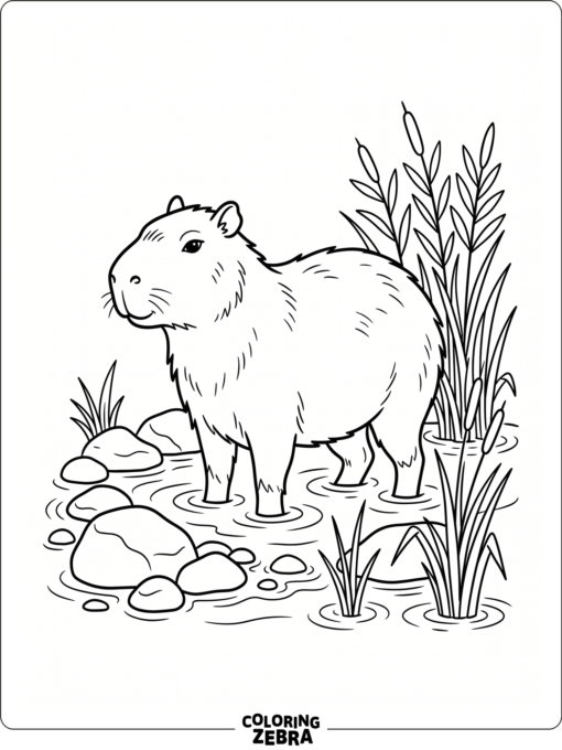 A capybara standing in shallow water near reeds
