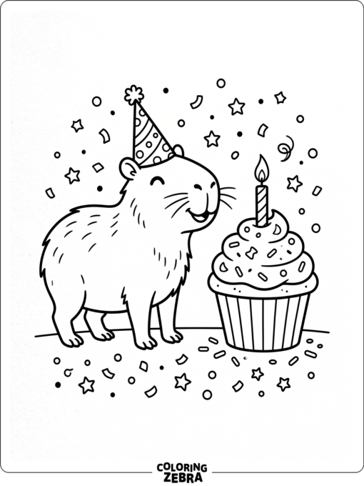 A capybara wearing a party hat beside a cupcake