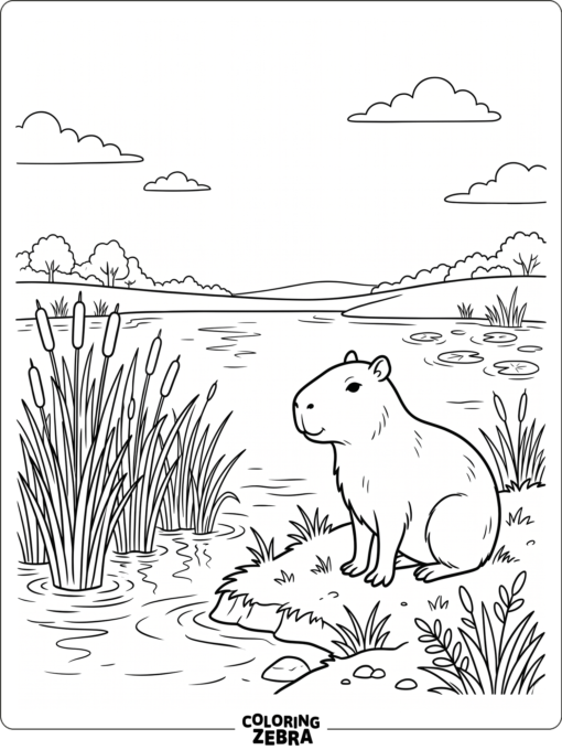 A capybara sits by a quiet pond with simple reeds around it