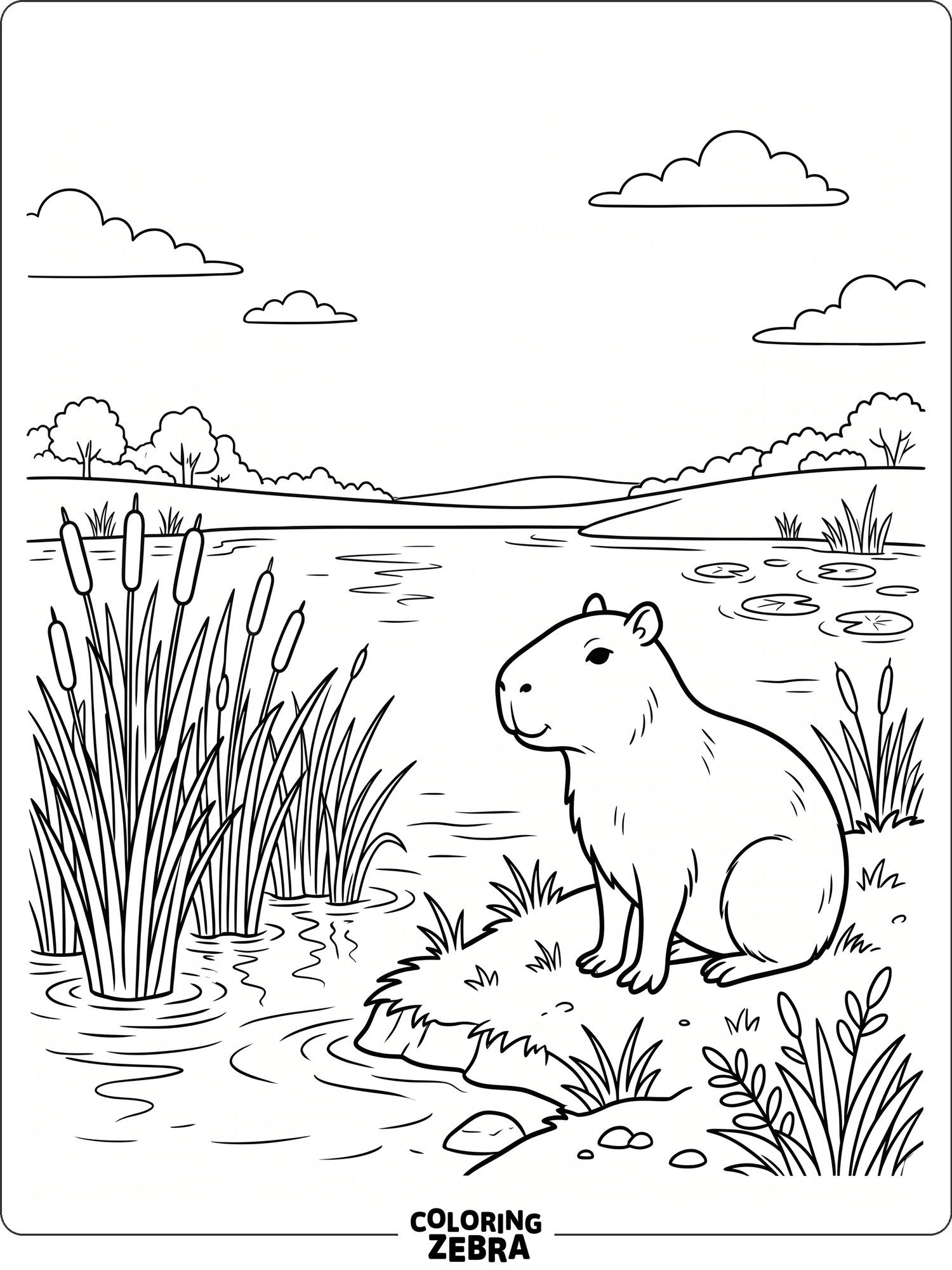 A capybara sits by a quiet pond with simple reeds around it
