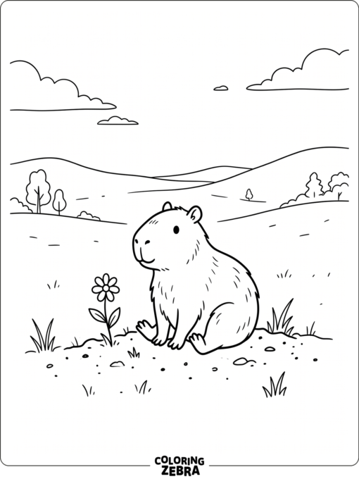 A simple capybara sitting with a flower nearby