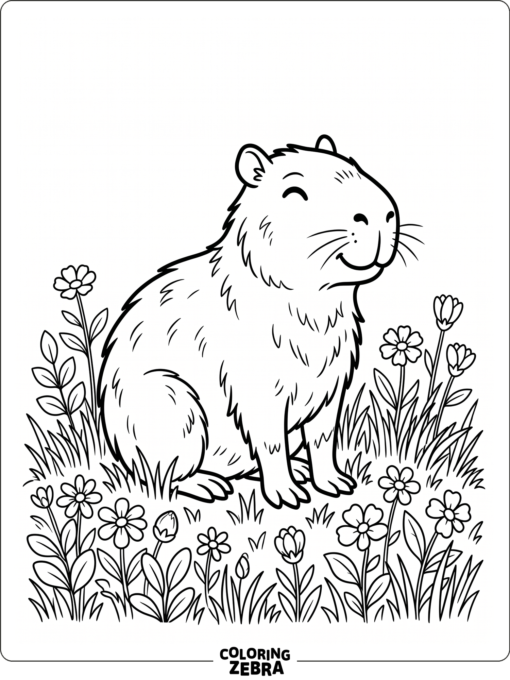 A smiling capybara sitting on grass with flowers