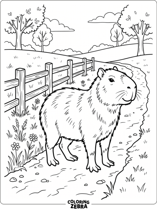 A capybara standing on a path near a fence