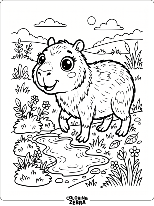 A capybara for kids with big eyes near a puddle