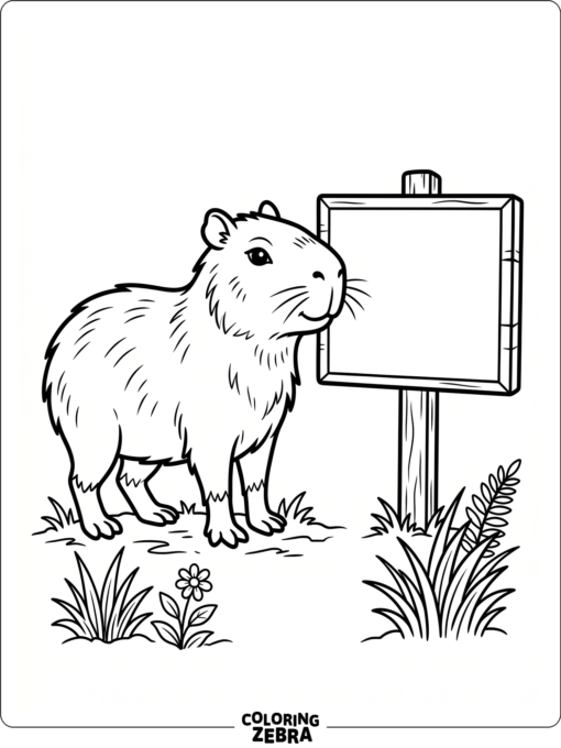 A capybara on a clean page beside a blank sign