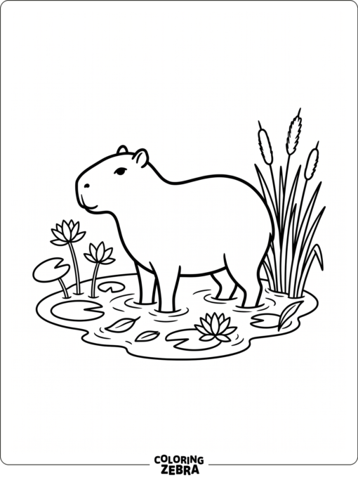 A capybara outline near lily pads and reeds