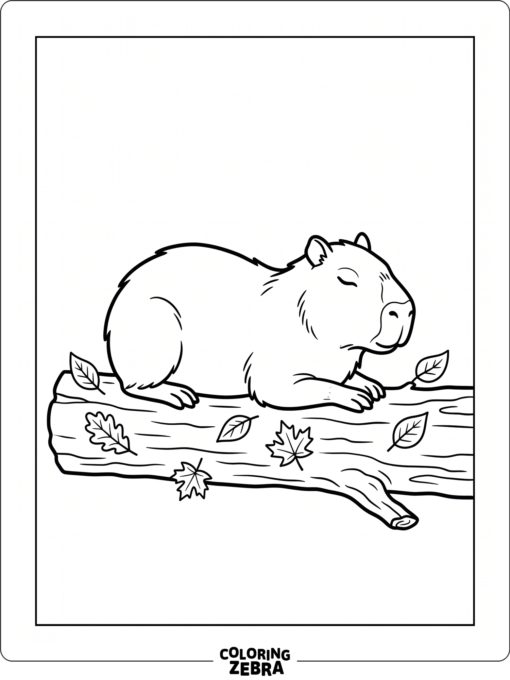 A capybara resting on a log with leaves nearby