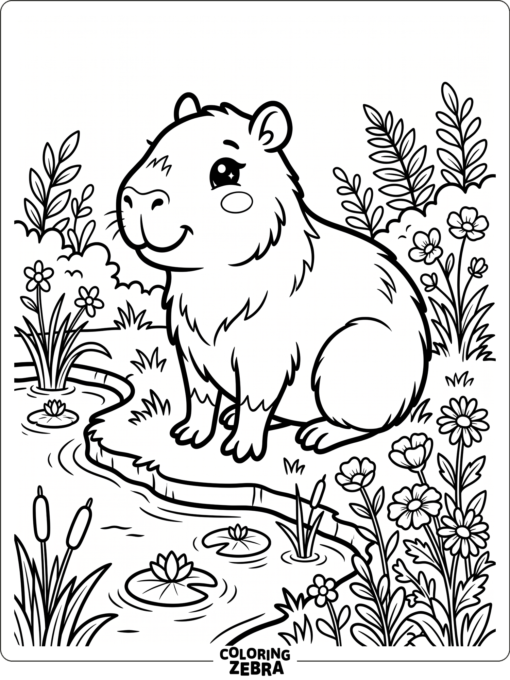 A cute capybara with soft cheeks near flowers