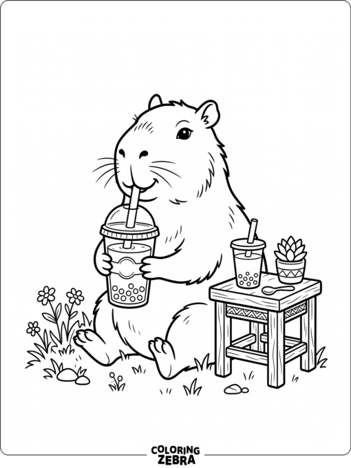 A capybara drinking bubble tea with a straw