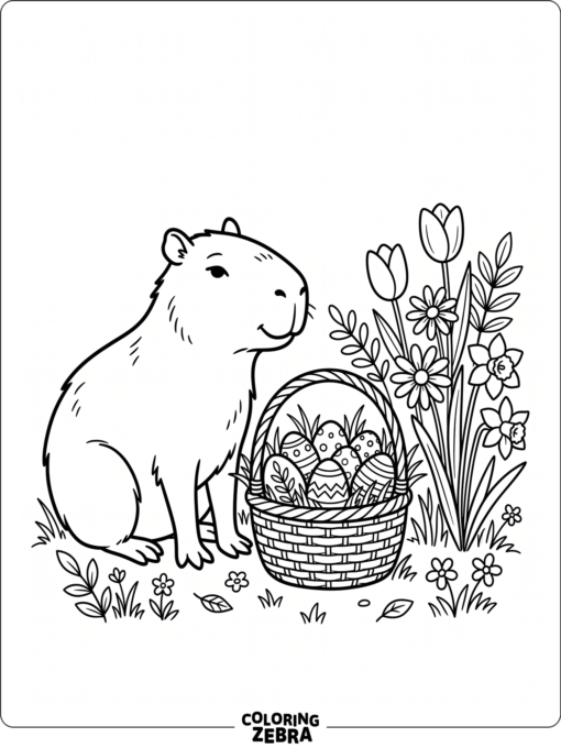 A capybara carries a basket of Easter eggs near simple flowers