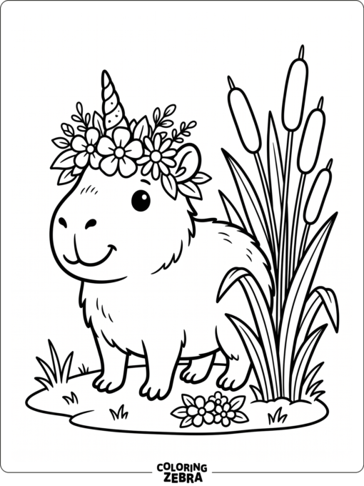 A capybara with a unicorn horn and flower crown