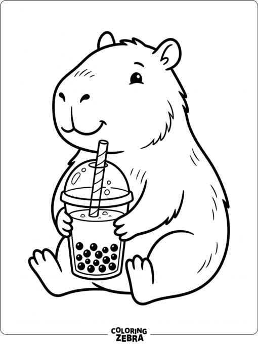 A capybara holding a boba drink with a straw