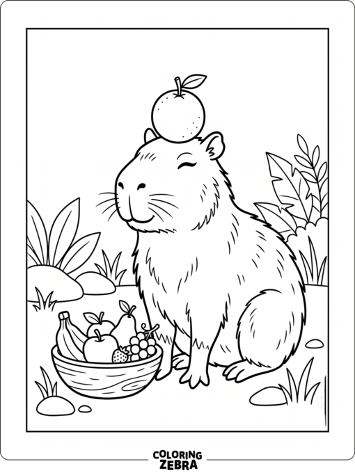 A capybara balancing an orange on its head
